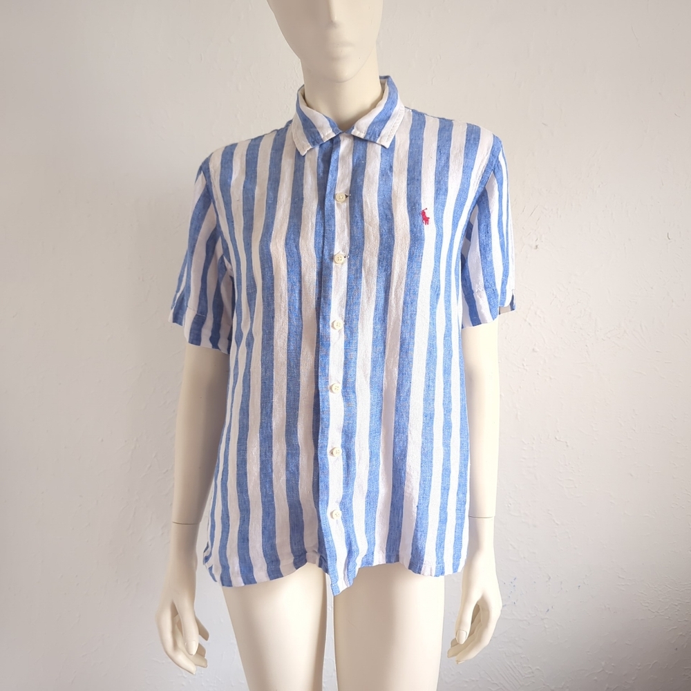 Polo Ralph Lauren SOLD OUT Unisex Blue White Striped Short Sleeve Linen Shirt S